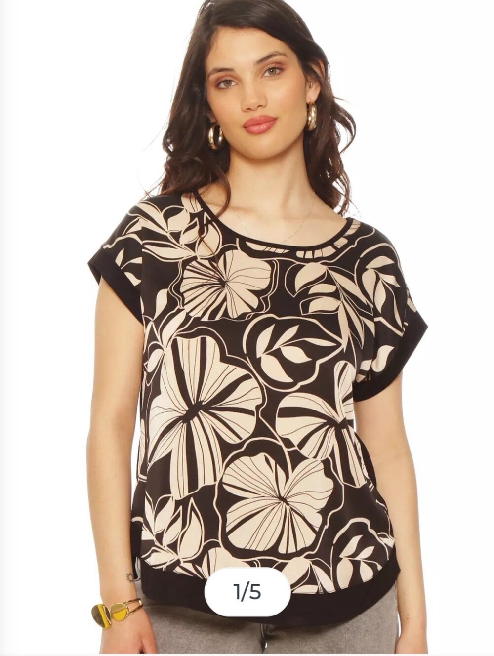 Black Floral Short Sleeve Blouse in Cream Print
